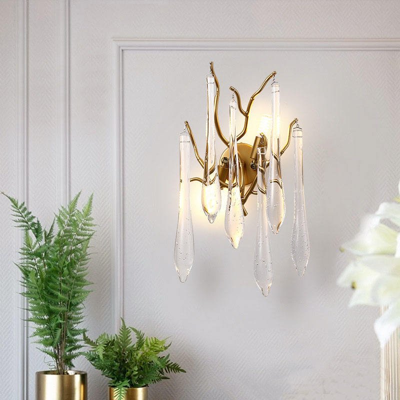 Home Indoor Decor Colorful Water Drop Pendant Home Luxury Branch Sconce Lighting Clear Crystal LED Wall Lamp